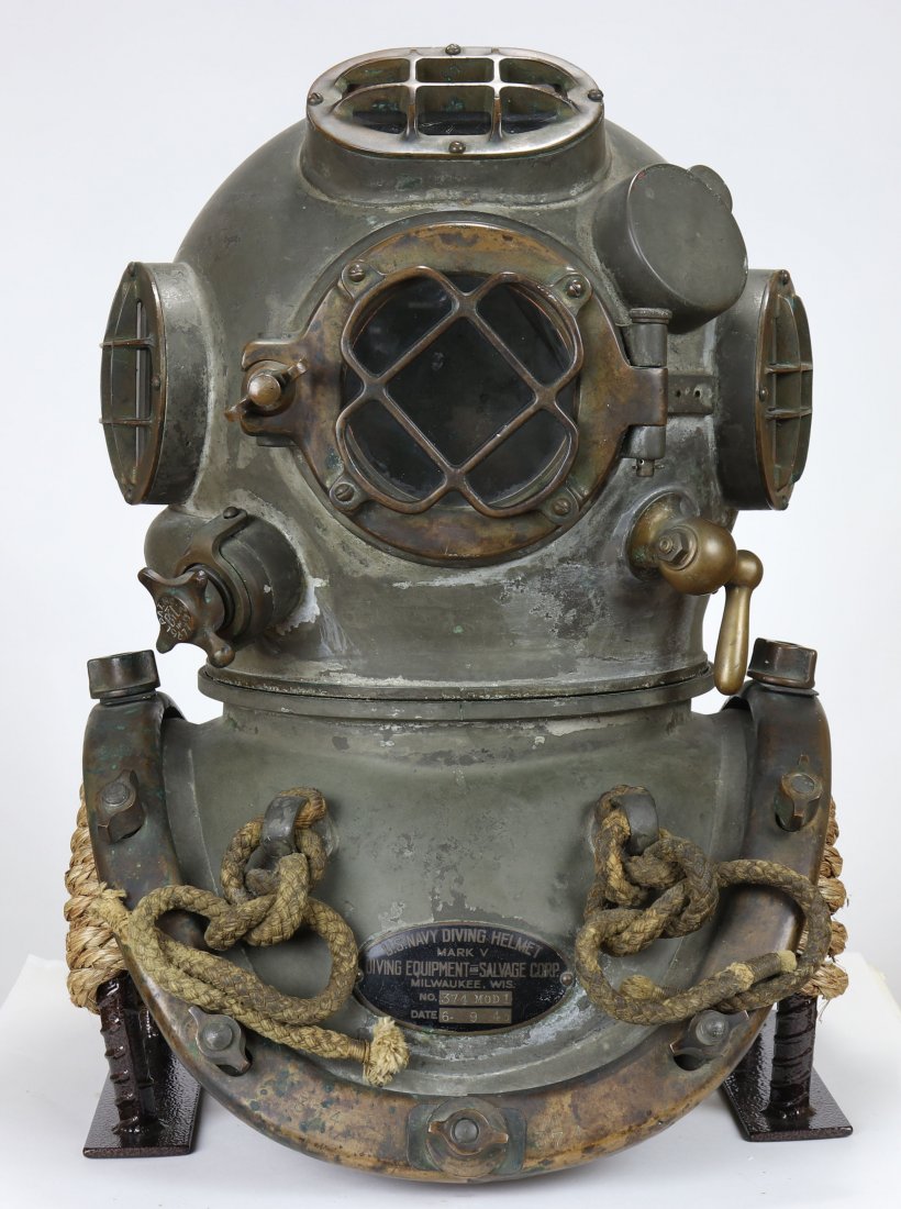 Rare DESCO USN 1943 Mark V Diving Helmet Small Volume: The famed US Navy Mark V diving helmet. This example is a very special one that is rarely found, especially in what can be considered new old stock condition! The Diving Equipment & Salvage Company st