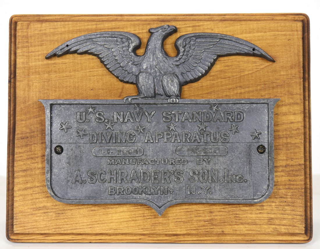 1918 A. Schraders Son Diving Apparatus Eagle Plaque: Very impressive recast of an original diving apparatus box plaque made by the A. Schrader’s Son Company. These brass plaques were placed on the wood boxes that would contain equipment, such as the M