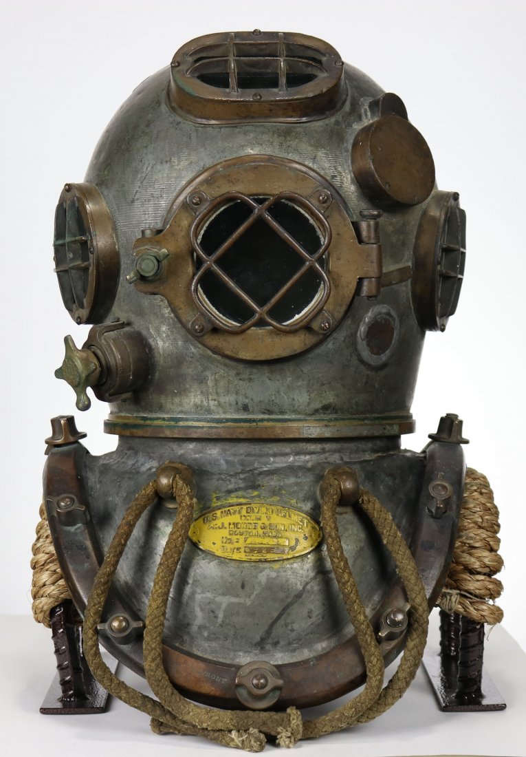 1920 A.J. Morse US Navy Mark V Diving Helmet: The famed US Navy Mark V diving helmet is known worldwide by divers and collectors alike. A vast majority of Mark V helmets that are found date to the World War 2 time period and also the very end of 