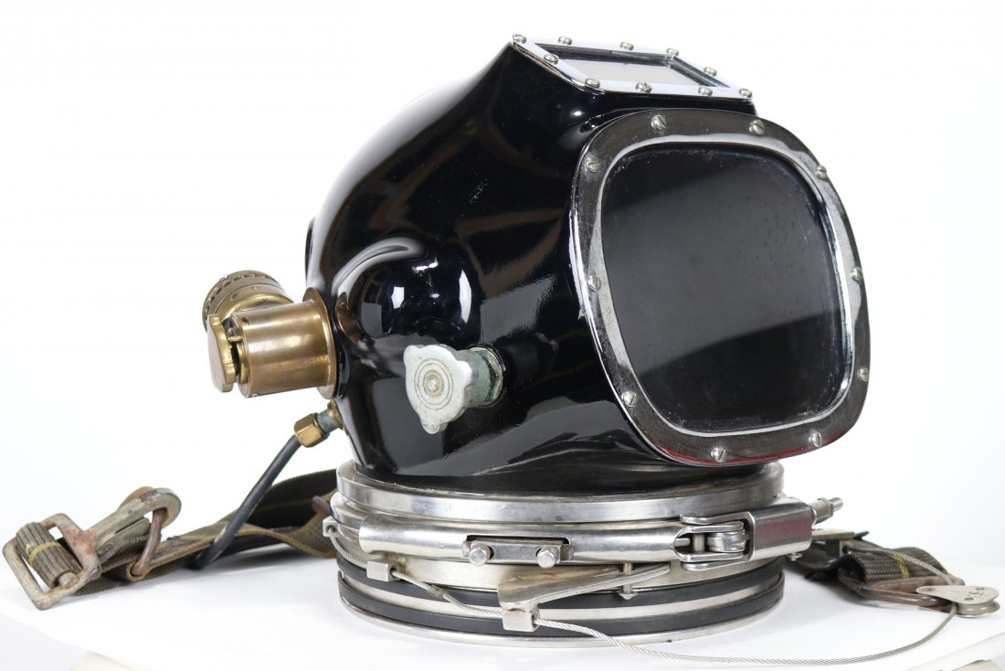 Beautiful General Aquadyne AH-2 Diving Helmet: One of the classic early fiberglass diving helmets first produced in 1969 by General Aquadyne in Santa Barbara, California. This AH-2 model is in excellent original condition. The black gelcoat paint 