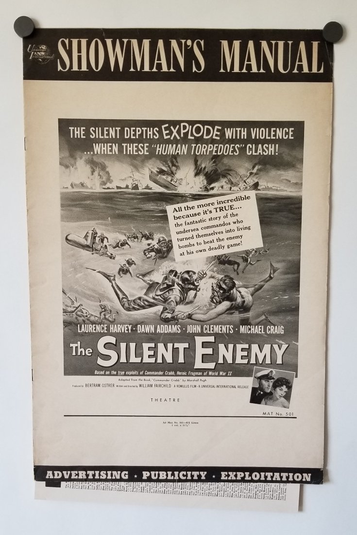 THE SILENT ENEMY movie 10 page promotion campaign guide: Universals 1958 10 page movie promotional guide for Laurence Harveys movie THE SILENT ENEMY, with center fold-out showing the posters. Also stills from u/w shots of frogmen. Movie based on Marshall Pu