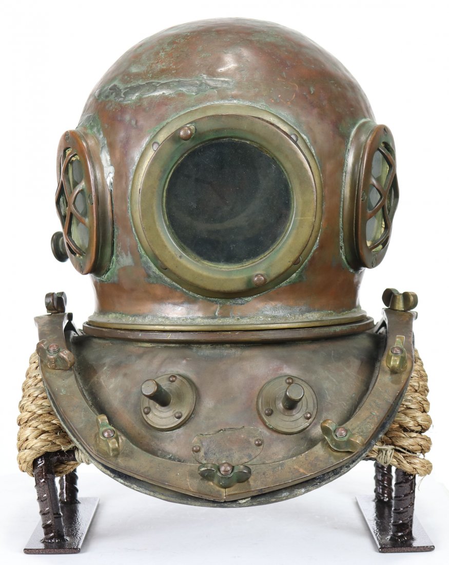 Vintage Korean KIM 3 Light 12 Bolt Diving Helmet: Nice unrestored diving helmet made by the KIM company located in Korea. This is a 3 light (windows) 12 bolt diving helmet in the classic configuration. Helmet is complete minus one of the twelve wing 
