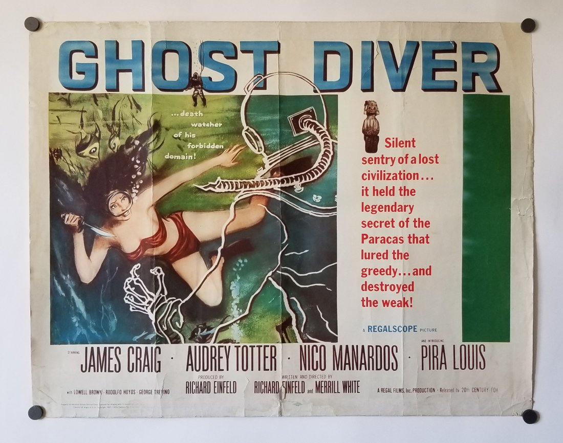 Ghost Diver 1957 Half Sheet Movie Poster: Ghost Diver, death watcher of his forbidden domain! Classic 1957 US movie poster in half sheet size 22 by 28 inches. Slight tear at bottom center, creasing on edges, vertical fold.