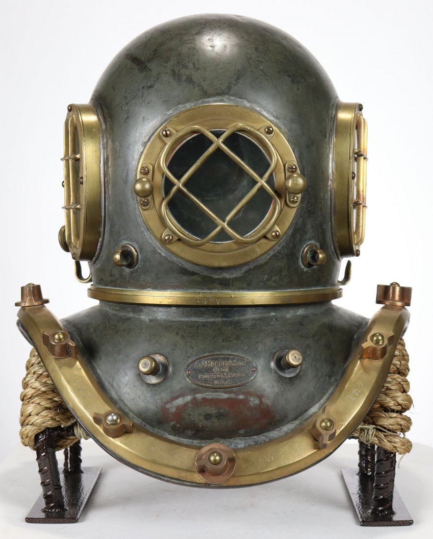 Incredible AJ Morse & Son Diving Helmet Circa 1912: Absolutely beautiful diving helmet made by the A.J. Morse & Son Inc Company circa 1912. This helmet has the look of one that was ordered from the famed Boston helmet manufacturer and then never used! 