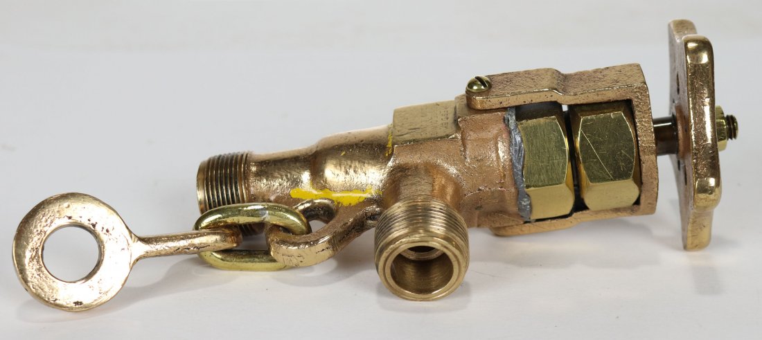 Morse Diving Equipment Mark V Air Control Valve: Fully polished out air control valve made by the Morse Diving Equipment Company. Possibly WWII era. Style of air control valve used with US Navy Mark V helmets. The eyelet bolted to the bastard stud o
