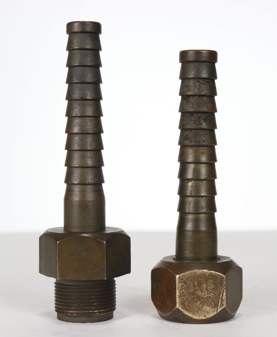 USN Mark V Diving Helmet Air Hose Coupling and Clamps: A pair of solid brass male and female diving air hose couplings with 6 solid brass air hose clamps. Both male and female couplings have USN inspectors anchor stamp. Both couplings in very good conditi