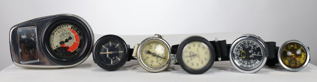 Lot of Scuba Pressure Gauges, Timer & Meter: Lot of 6 scuba items composing of a SOS decompression meter, Princeton Electronics bottom timer, Nimrod by Seamless depth gauge, Dacor 150 foot depth gauge, Sportways 150 foot depth gauge and a YCM de