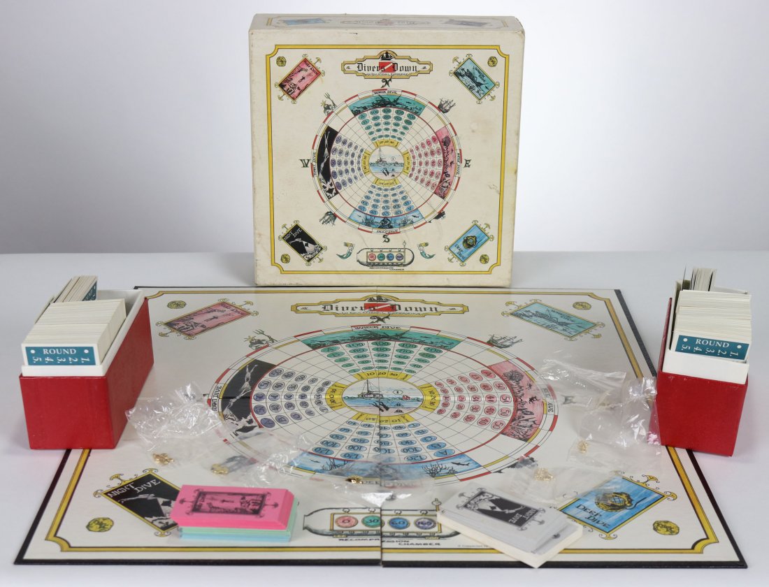 Vintage Divers Down Trivia Pursuit Style Boardgame: Made in 1986 and taking its cue from the then very popular boardgame Trivia Pursuit is this diving themed game – Diver Down. Game appears to be complete with all the pieces, playing cards, board and