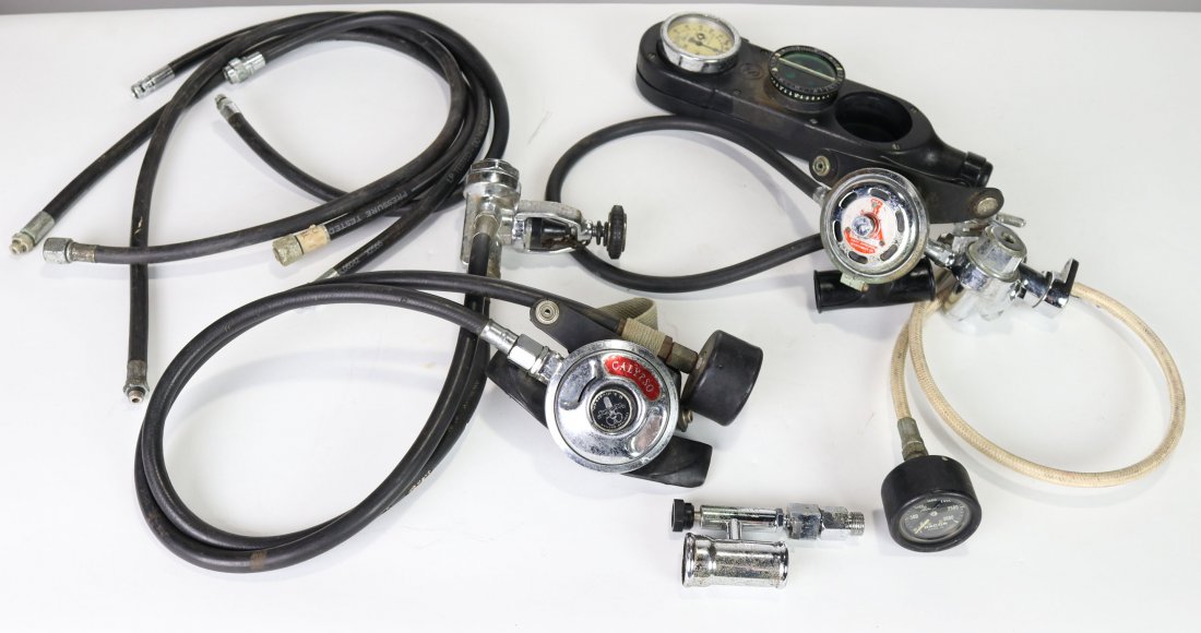 Lot of 6 Vintage Regulators, Gauges & Hoses: Grouping consisting of a Swimaster valve, Waterlung Sportways regulator, Aqua-Lung Calypso regulator with DACOR press gauge, Sherwood depth & compass (broken), DACOR thin line pressure gauge, lastly a