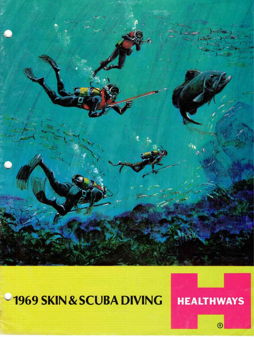 Healthways Catalog 1969: 24 page multi color 1969 Heathways catalog with all of the company’s dive equipment. Catalog is in almost new condtion with no marks or creases. Embossed from the Library of Master Diver E.R. Cross