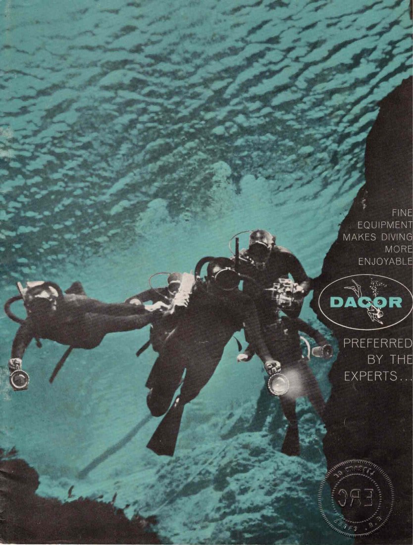 DACOR Catalog 1960: The 1960 DACOR catalog with the full line of equipment. Regulators, tanks, masks, fins, and all accessories. Catalog is in practically new condition and embossed from the Library of Master Diver E.R. 