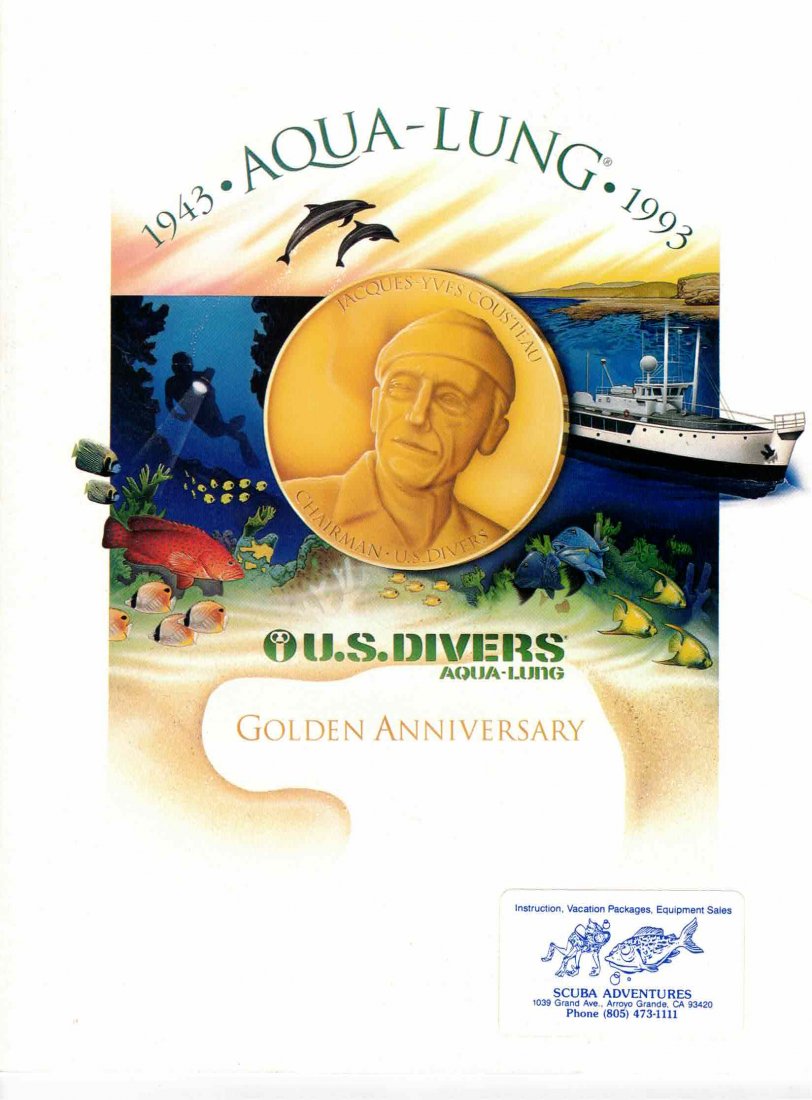 US Divers 50th Golden Anniversary catalog 1993: The 24 page full color USD/AquaLung 50th Anniversary catalog with the image of Cousteau set in a gold circle on the cover. The catalog opens to a full page of the famous image of divers descending wit