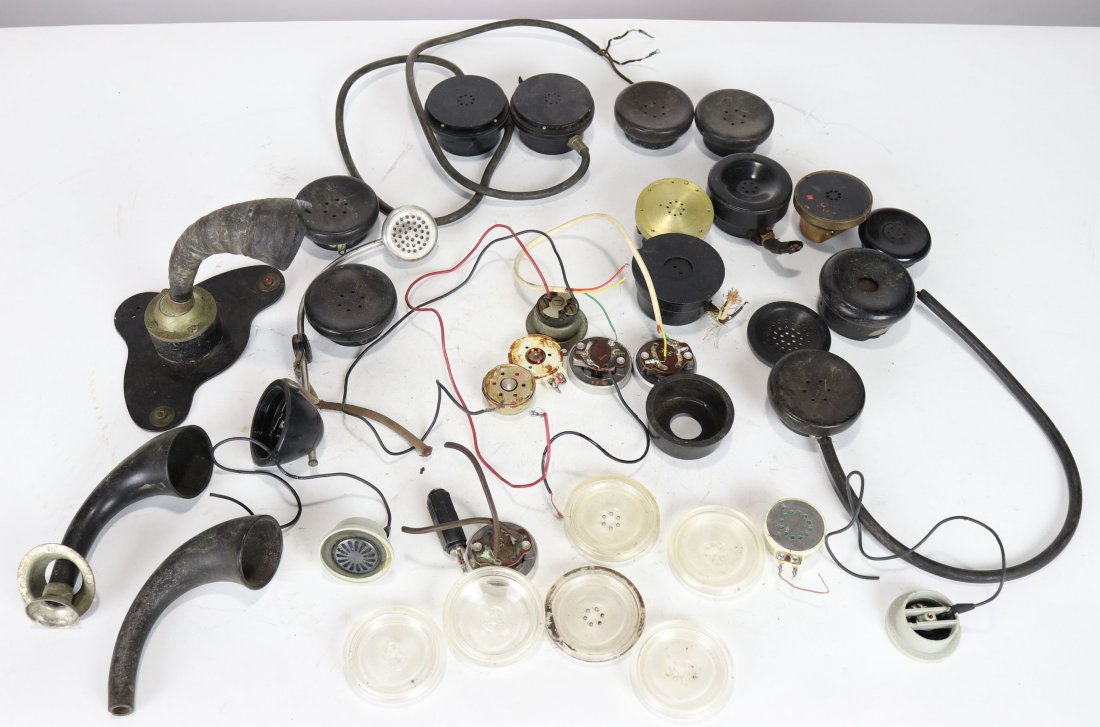 Antique Diving Helmet Transceiver / Speaker Parts Lot: Collection of various parts and pieces for diving helmet communications systems. Some parts are for the topside transceiver units and other for internal helmet use. All pieces are original and in unte