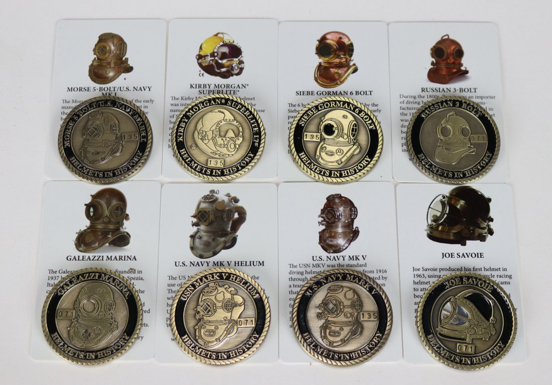 Lot of 8 HDS Historical Diving Helmet Challenge Coins: Collection of 8 different challenge coins issued by the Historical Diving Society USA. The coins are very detailed and are accompanied by a matching plastic identification card. The helmets represente