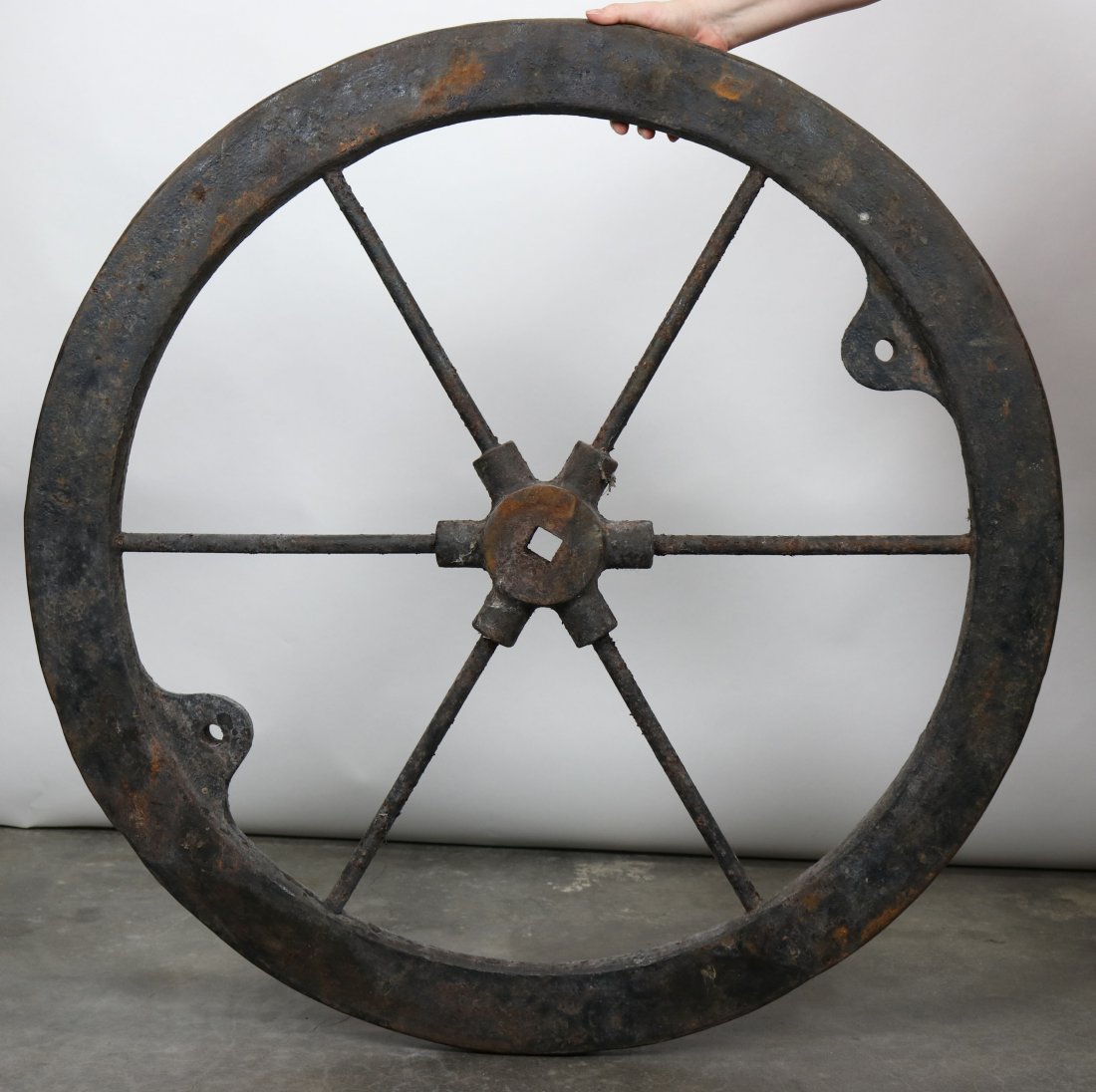 Pair of Cast Iron Antique Divers Air Pump Wheels: Matching pair of large and very heavy cast iron air pump wheels. We believe these possible were made by Siebe Gorman. There are no manufacturers names. The wheels are both in excellent original condit