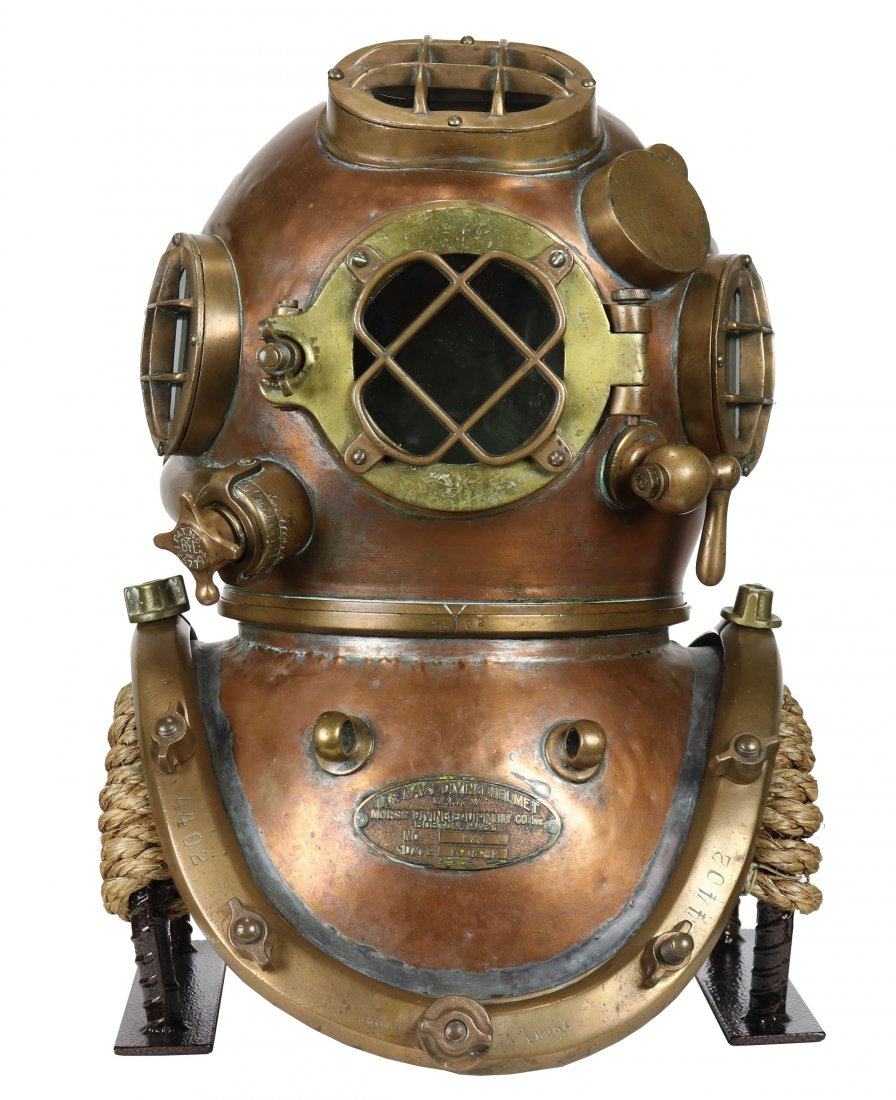1942 Morse US Navy Mark V Diving Helmet Small Volume: The famed US Navy Mark V diving helmet. This example is a very special one that is rarely found and in many cases, an unknown variation of the model. The A.J. Morse Company started business in the mid