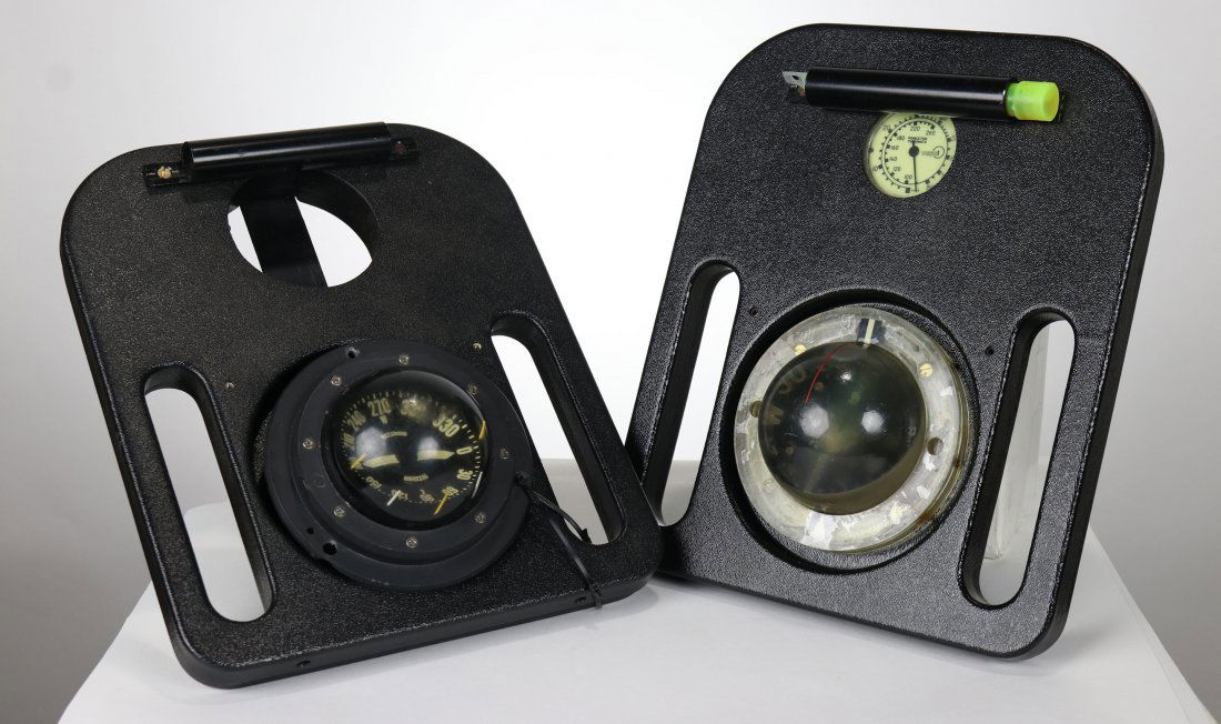 US Navy UDT / Seal Divers Navigation Board x 2: Two vintage divers navigation boards. This style was used by US Navy UDT and Seal teams. One board is complete with compass, depth gauge and light stick. Second board has compass which is loose. Compl