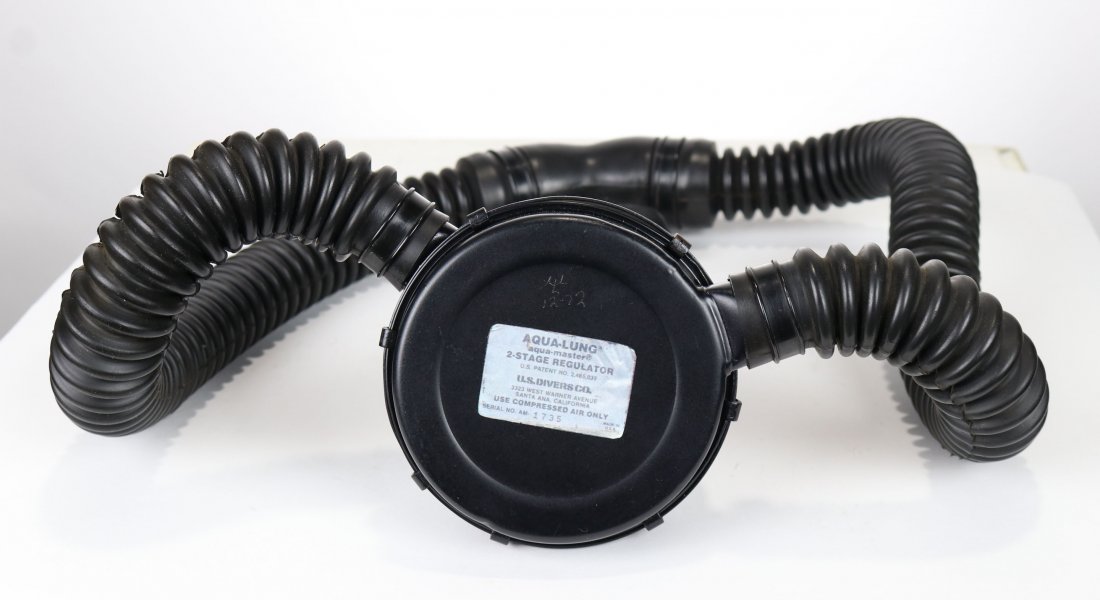 Navy UDT Non-Magnetic Aqua-Lung Restored Regulator 1960: Very desirable restored non-magnetic Aqua-Lung 2 stage double hose regulator. This rare piece dates to the 1960s and has been given a correct restoration. This type of regulator was issued to US Navy