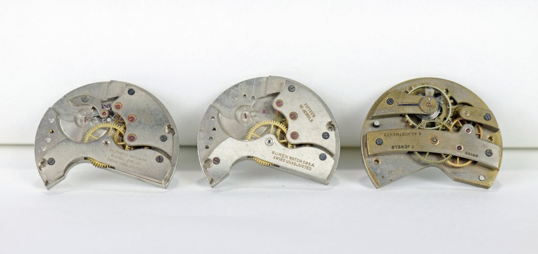 Lot of 3 Mine Timing Devices / Movements 1950s 1960s: Fascinating trio of original Korean War to Vietnam War era mechanical watch like movement timing devices for explosive ordnance. Used for both activation and deactivation of a mine. Collection consist