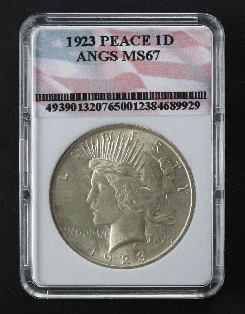 1923 Silver Morgan Dollar ANGS MS67: 1923 Morgan silver dollar. Coin has been encapsulated by ANGS with a grade of MS67.