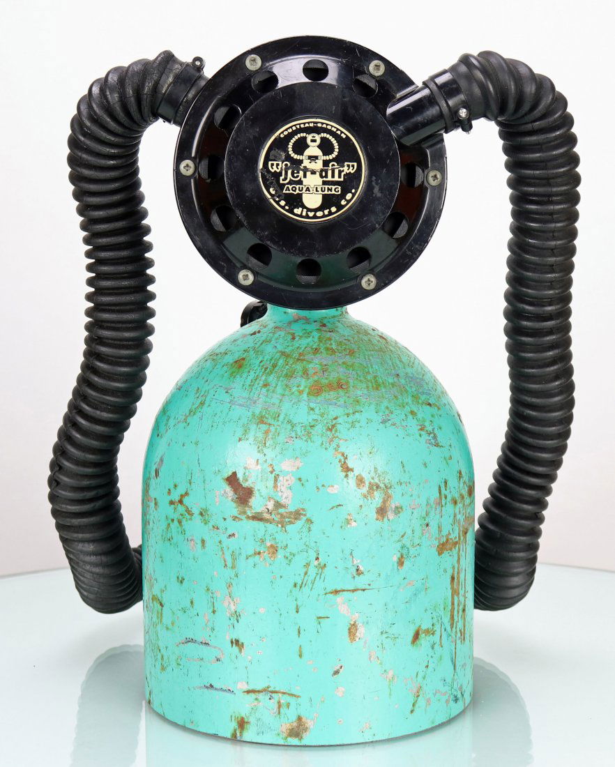 1961 US Divers Jet Air Cycolac Double Hose Regulator: Wonderful example of a circa 1961 U.S. Divers Jet-Air double hose regulator. Black plastic or cycolac body is in very good condition with very minor wear associated with use. Hose and mouthpiece are i