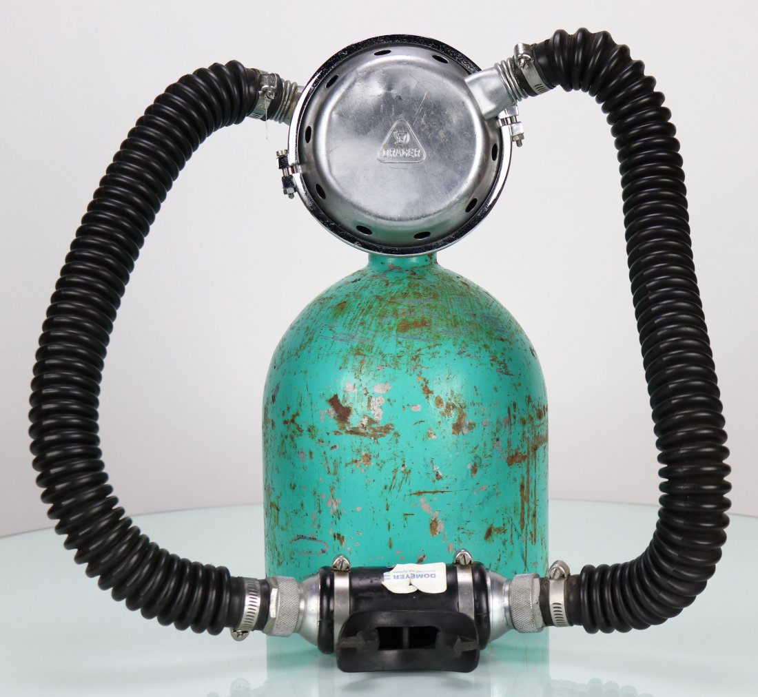 German Made 1960s Drager PA-61 Double Hose Regulator: Wonderful example of a circa 1960s Drager model PA-61 double hose regulator. Chrome body is in good condition but is dented in slightly on the front. Hose and mouthpiece are in very good condition. Bo