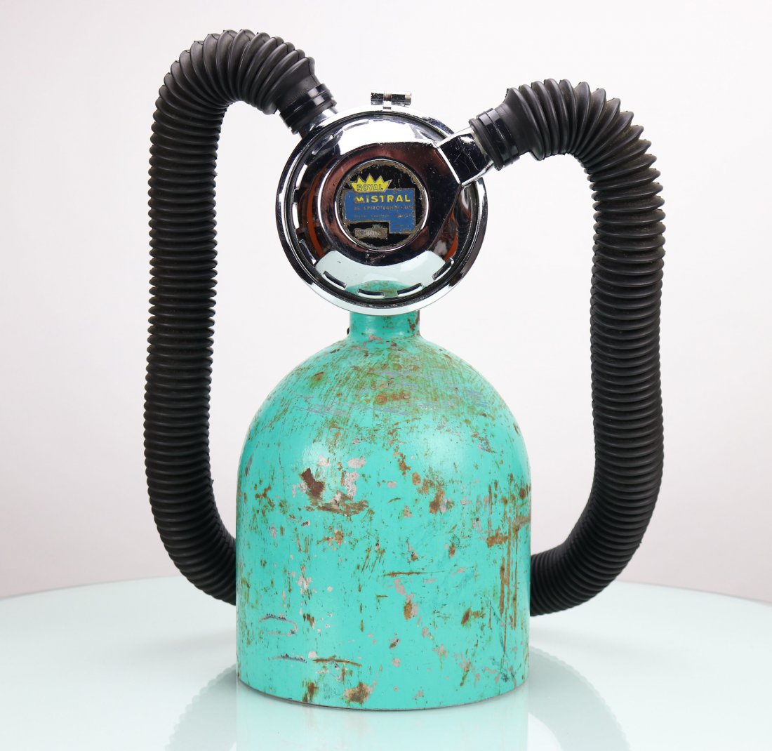 La Spirotechnique Royal Mistral Double Hose Regulator: Wonderful example of a circa 1960s La Spirotechnique Royal Mistral double hose regulator made in France. Chrome body is in very good condition with very minor wear associated with use. Hose and mouthp