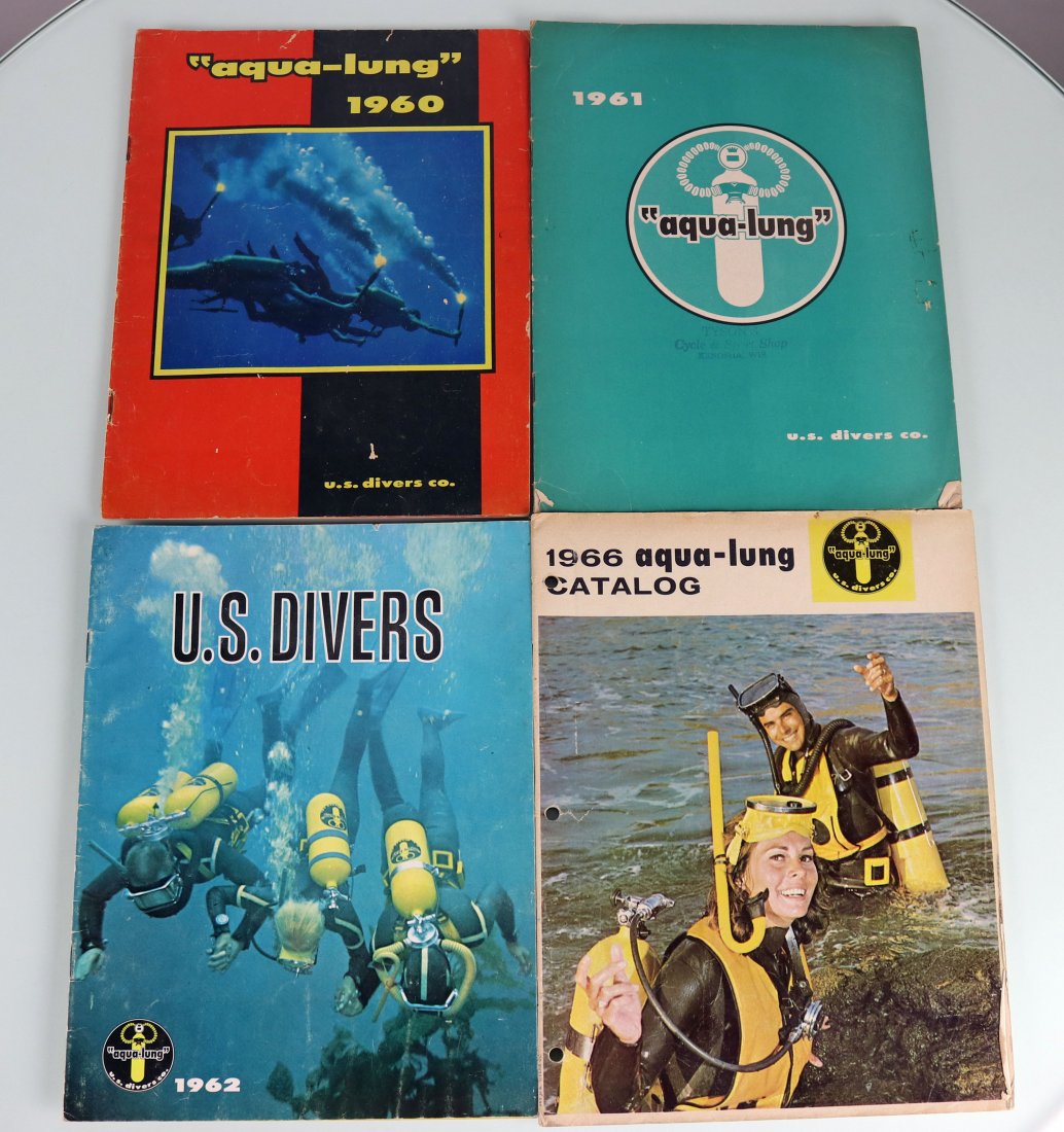 US Divers Product Catalogs 1960, 1961, 1962, 1966: Original U.S. Divers Aqua-Lung product catalogs. The 1960 has 19 pages with chipping and slight tears on the edges and cover, complete and nice. 1961 catalog has 23 pages, minor chipping to edges, div