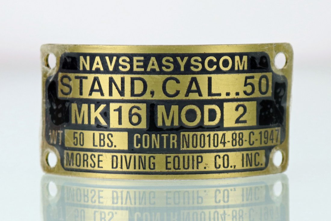Morse Diving Equipment .50 Cal Machine Gun Stand Plaque: Never used like new Morse Diving Equipment plaque. This brass plaque would have been placed on a stand Morse made for a .50 caliber machine gun. An extremely rare piece of Morse Diving Equipment memor