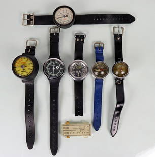 7 Vintage Scuba Depth Gauges Voit Precisa Beuchat DACOR: Collection of 7 vintage scuba diving depth gauges. Grouping consists of a Voit capillary style, AMF Swimaster 200 foot gauge with compass, German 250 foot with blue strap, ScubaPro Precisa, DACOR OFG-