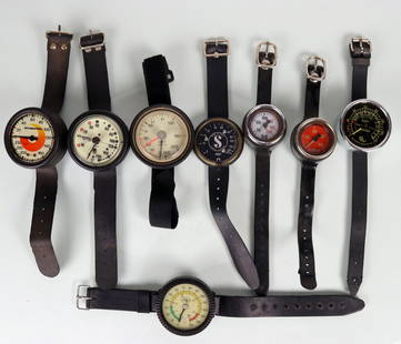 8 Vintage Scuba Depth Gauges AMF US Divers Sportsways: Collection of 8 vintage scuba diving depth gauges. Grouping consists of a ScubaPro capillary style, Sportsways, US Divers Aqua Lung, DACOR, AMF Voit, Healthways, ScubaPro 230 feet, 250 feet gauge