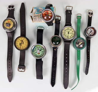 8 Old Scuba Depth Gauges Sierra Scuba Voit Healthways: Collection of 8 vintage scuba diving depth gauges. Grouping consists of a Princeton Tectonics Compact, Sierra Scuba, AMF Voit DG5C in original box, Healthways, depth & compass made in Japan, Taylor, F