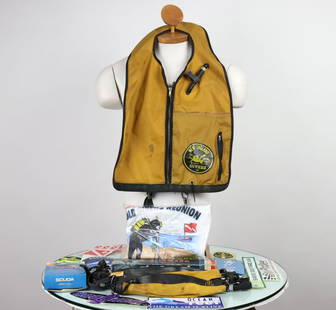 Big Grouping Assorted Vintage Scuba Items & Memorabilia: Collection of assorted vintage scuba diving memorabilia. Grouping includes five DACOR safety floats, 1 Swimaster safety float in the box, 1 new England divers yellow vest, new old stock size large t-s