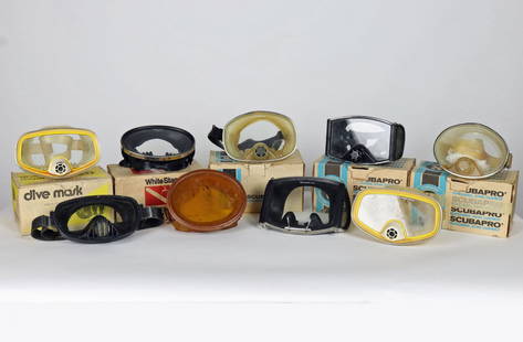 Collection 9 Vintage Scuba Masks Some In Original Boxes: Collection of nine original scuba diving masks. The masks in the back row of the photos come with their original factory boxes. Brands include US Divers, White Stag, ScubaPro, Nemrod, and Sportsways.