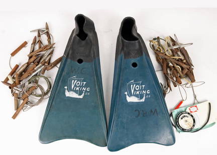 Scuba Diving Equipment Voit Viking Fins, Speargun Tips: Vintage scuba equipment grouping consists of a large number of speargun tips in various configurations and conditions, a pair of Voit Viking A6 vintage flippers and a manual dive calculator and note p