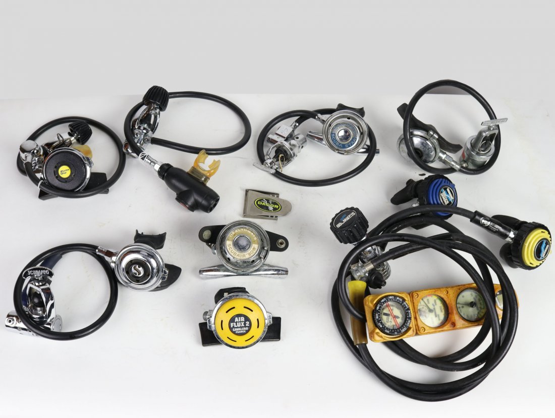 Collection Of 9 Vintage Scuba Regulators + Other Parts (1 of 3)