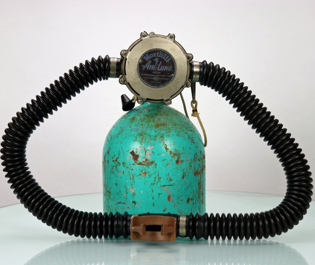 Rare Northill Air Lung 1956 Double Hose Regulator: Rarely found Northill Air-Lung double hose regulator! This example was produced in 1956 as indicated by the 6 at the beginning of the serial number. Body is in good condition with some wear associated