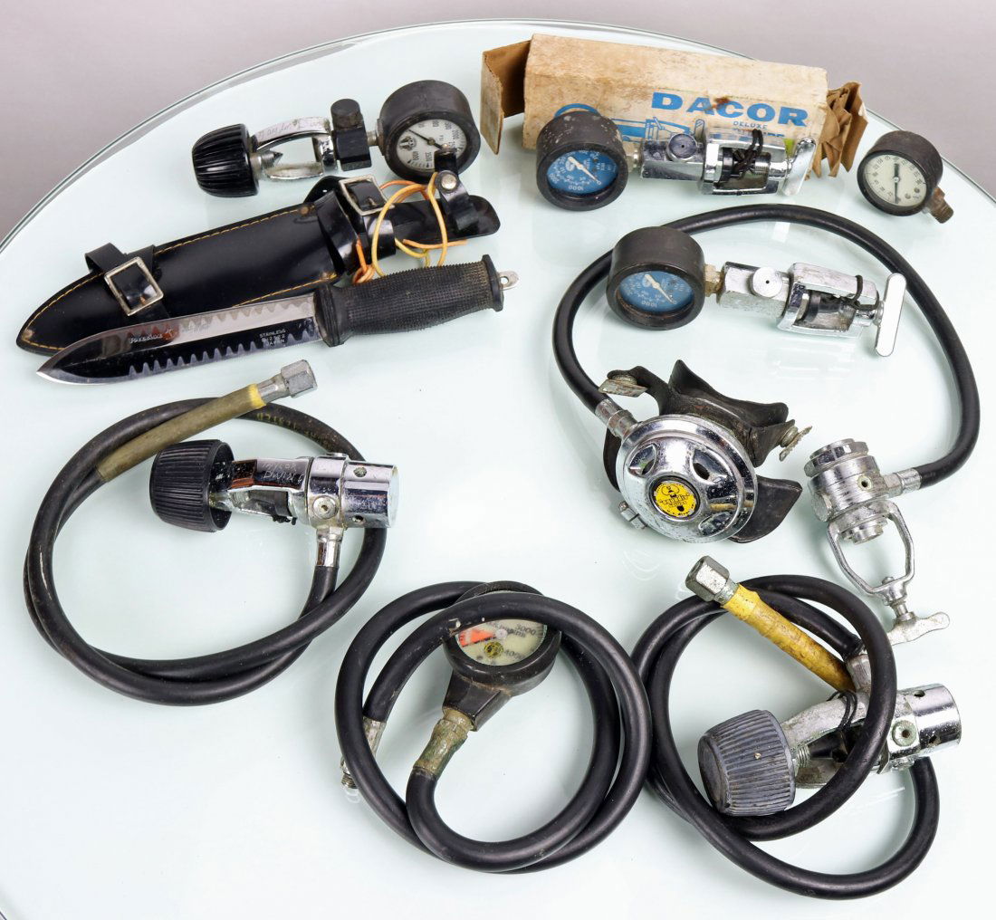 Vintage Scuba Equipment Lot, Knives, Regulators, Gauges