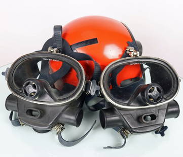 2 US Divers Aqualung Band Masks and Orange Helmet Shell: Grouping of two US Divers full face masks plus a US Divers full head helmet shell used with band masks. The mask lenses are in used condition with some scratches visible on each, rubber is used and