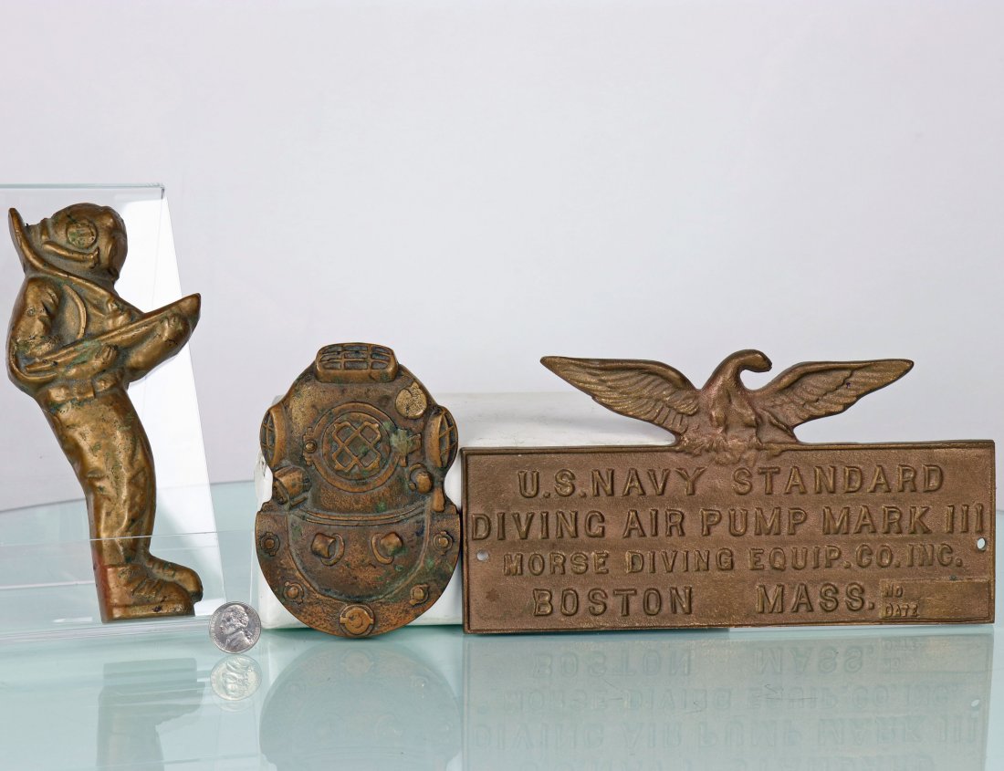 3 Brass USN Diving Helmet Plaques & Mark III Pump Plate (1 of 4)