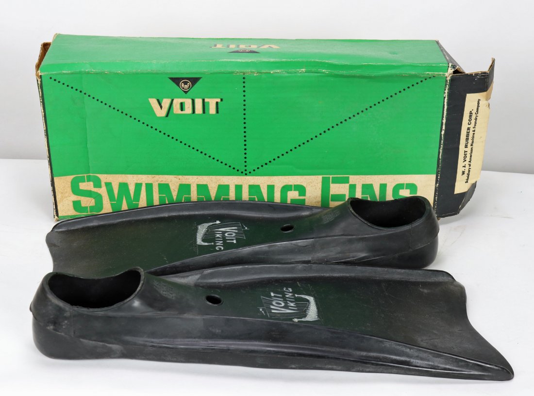 NOS Voit Swimming Kit & Fins In Original Boxes: This is a pair of vintage new old stock AMF Voit brand items. The first is a VOIT Swimming Fins A66BK X-Large, new in box, box is somewhat crushed, rubber in good shape. The second is a VOIT Swimming 