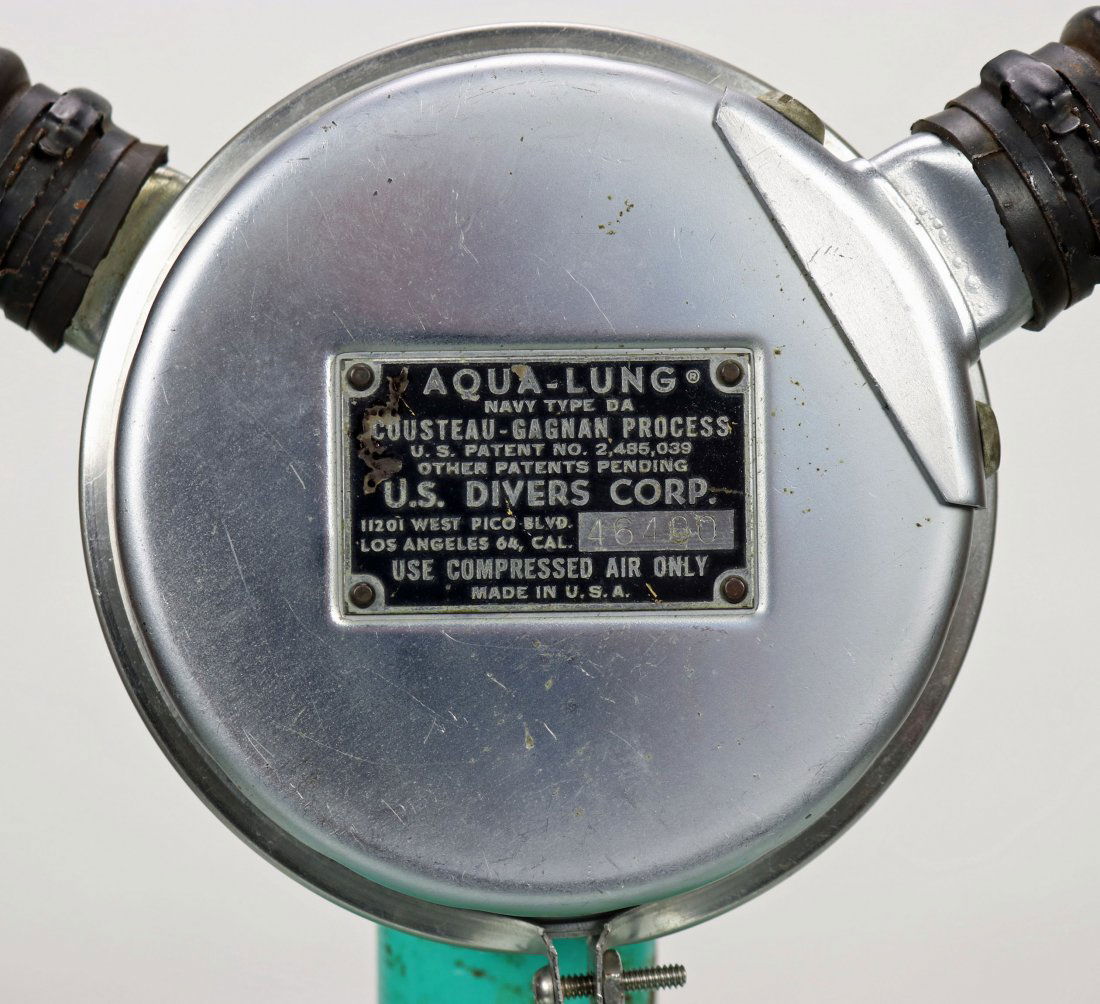 1955 Aqua-Lung Navy Type DA Black Label Double Hose Reg: Early US Divers Navy Type DA double hose regulator dating to the 1955 to 1957 time period. This example features the black label with West Pico Blvd address. Serial number 46400 is easy to see. Black