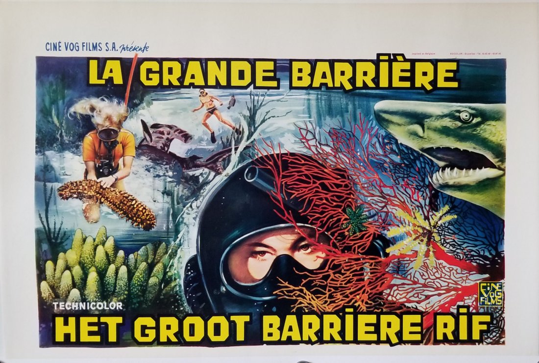 1967 The Great Barrier Reef Belgian Movie Poster: Striking and vivid colors on the near mint and linen backed movie poster. This very seldom seen 1967 poster from Belgium measures 54cm by 36cm. The movie is a French documentary about the Great Barrie