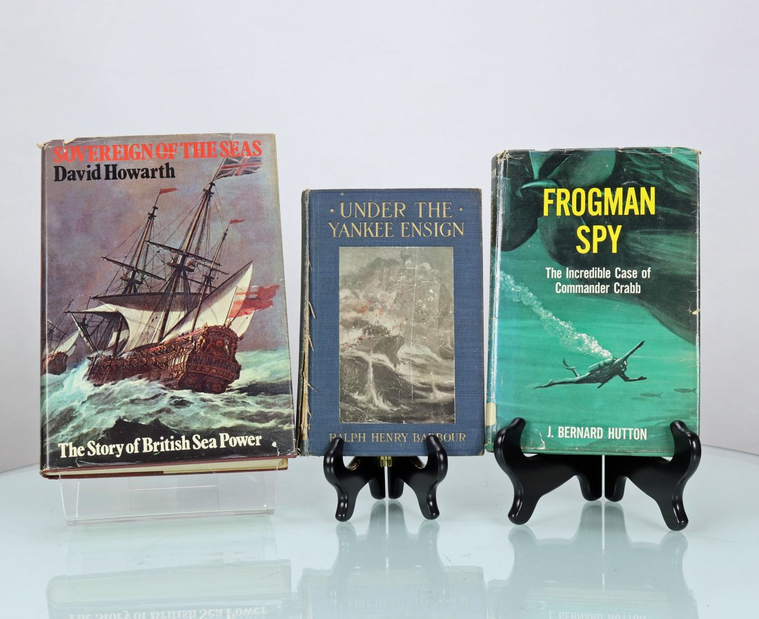Frogman Spy, Sovereign Seas, Under Yankee Ensign Books: Grouping of three vintage books. The first is Frogman Spy: The incredible Case of Commander Crabb by J. Bernard Hutton, first printing 1960, 180 pages with dust jacket. Second book is Under The Yankee