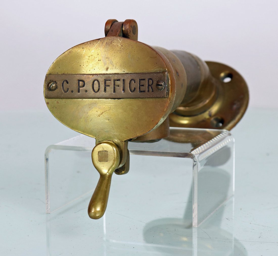 Antique Brass CP Officer Brass Ships Speaking Tube: This is a C.P. Officer (possibly Chief Petty Officer) brass speaking tube that was used for communication between decks on a ship. The previous owner stated this came out of a home on Lake Champlain o