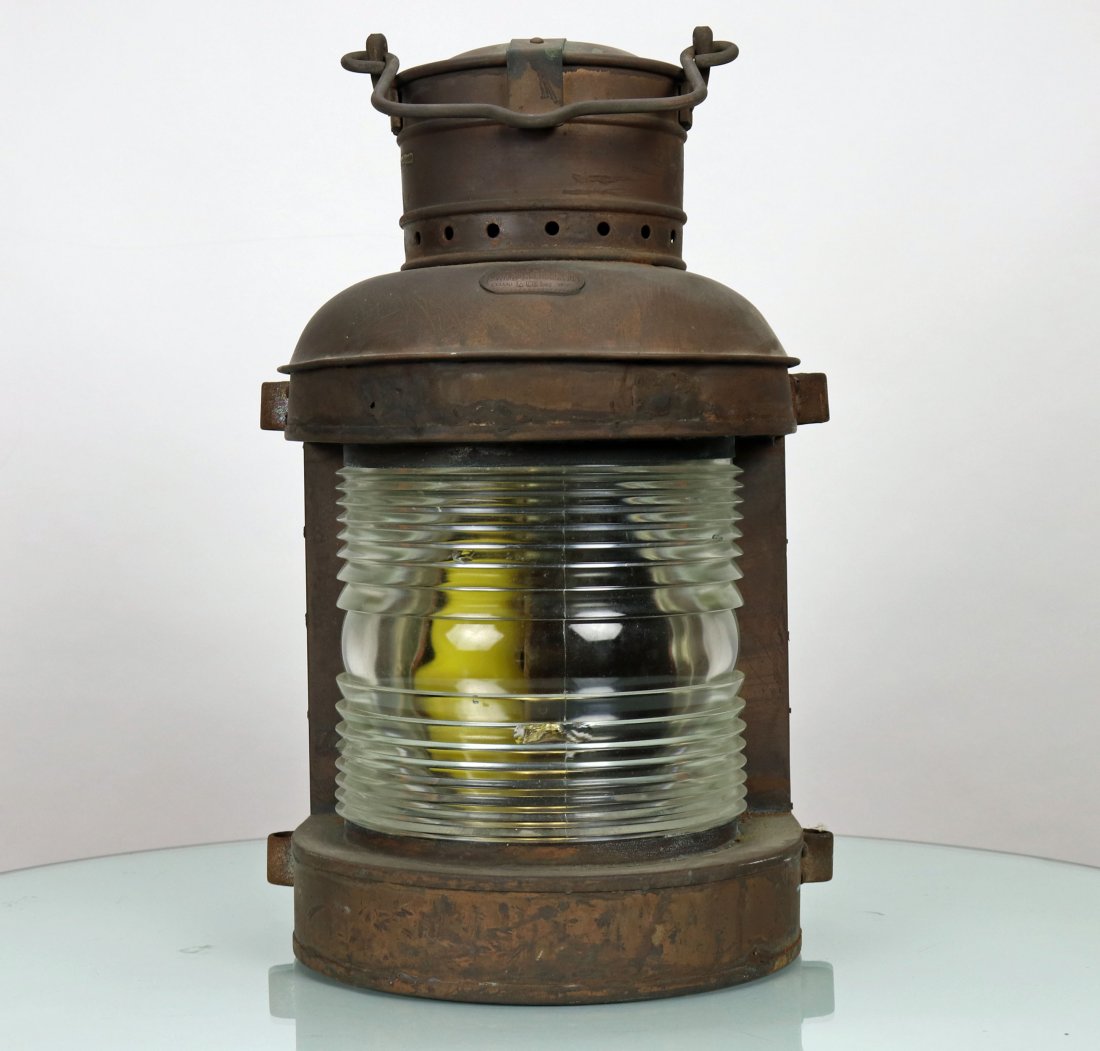 Vintage Ships Anchor Light A. Ward Hendrickson Brooklyn: Classic ships anchor style light made by A. Ward Hendrickson Marine Lighting in Brooklyn, NY. Light measures 18 inches tall, 9.5 inches wide and 9 inches deep. Coming in at 16 pounds, this impressive 