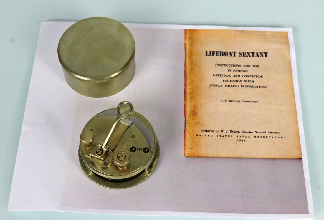 1944 Lifeboat Sextant In Brass Case: This is a Lifeboat Sextant that is all brass. It measures 3 inches in diameter for the case and 1.125 inches tall and weighs 1 pound 4 ounces. It also comes with a photocopy of instructions for use in