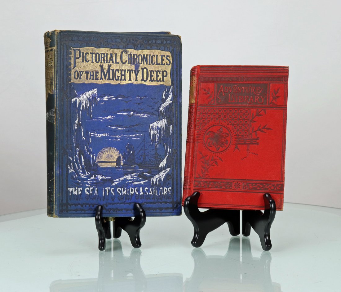 Pictorial Chronicles Of The Mighty Deep & Thrilling Adv: Collection of two antique books about Sea adventures. The first is Pictorial Chronicles Of The Mighty Deep, The Sea Its Ships and Sailors, stone lithographs and engravings present, some writing on ins