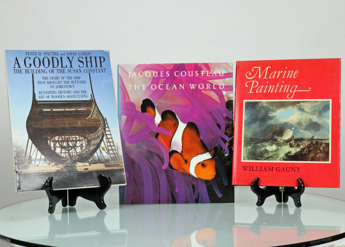 Marine Paintings, Cousteau Ocean World, A Goodly Ship: Grouping of three books. The first is Marine Painting: A Historical Survey, by William Gaunt, 1976, 264 pages, excellent condition. Second book is Jacques Cousteau The Ocean World, 385 pages with illu