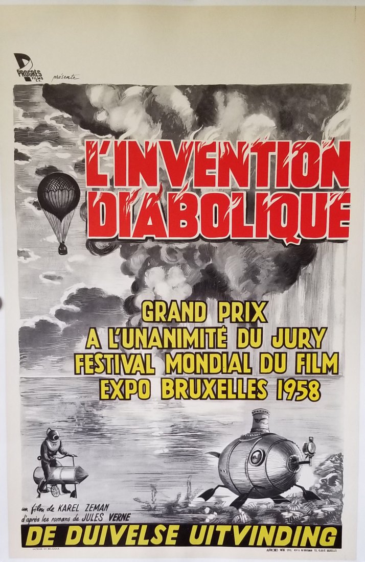Belgium Invention For Destruction 1958 Movie Poster: Very difficult to find movie poster from 1958 featuring some interesting underwater artwork. Lâ€™Invention Diabolique or Invention For Destruction was premiered at the Bruxelles Film Festival in 